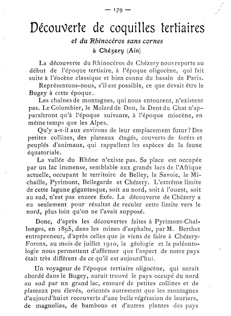TOURNIER (J.), Découverte de coquilles tertiaires et du rhinocéros sans corne à Chézery (Ain), Le Bugey, n° 5, 1911, p. 179-180